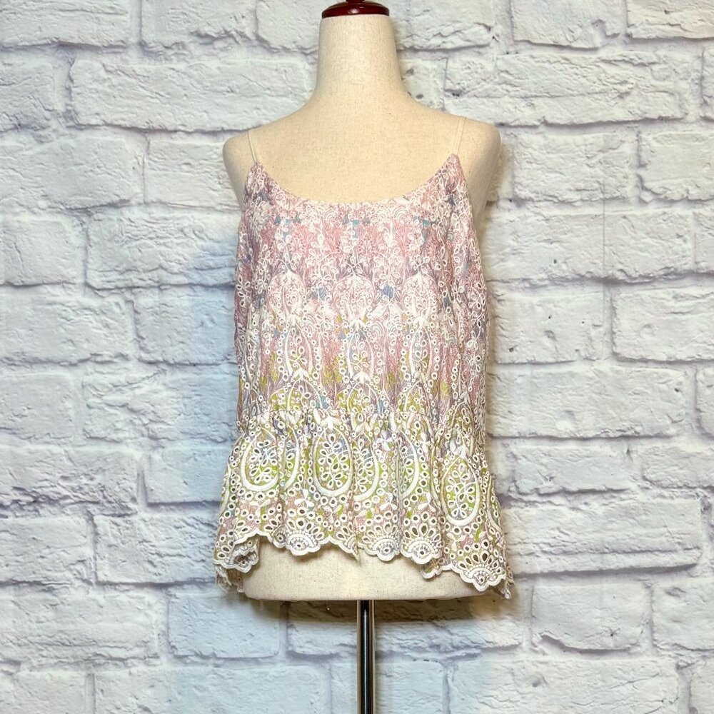 Anthropologie Feather Bone Paisley Ruffle Eyelet Tank Top